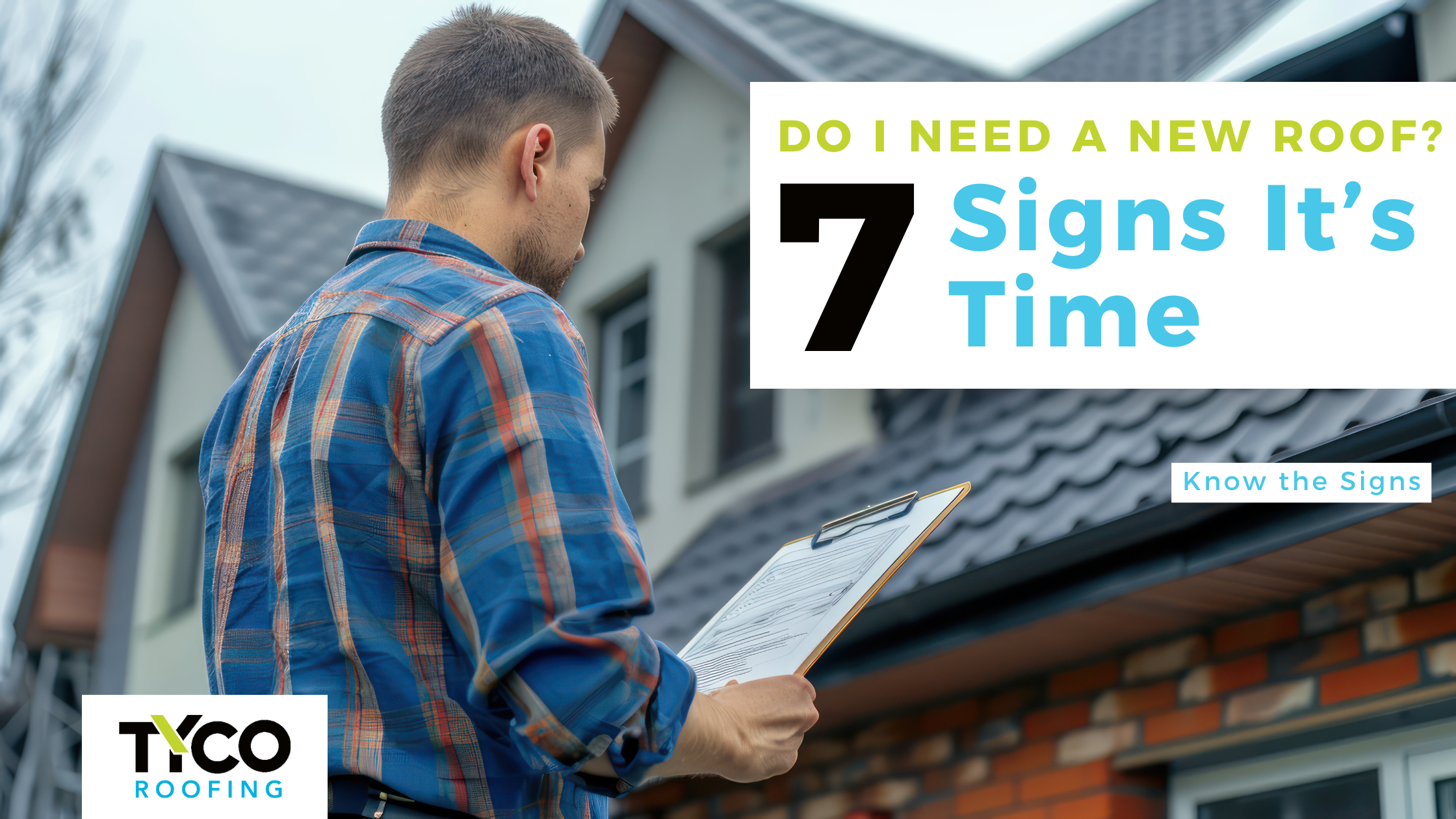 man at a house looking at clipboard working on a roof estimate